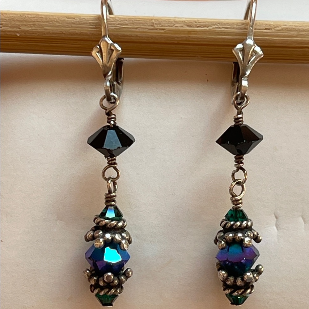 Handmade 925 BRAND BUILD Glass and Peacock Colored Dangle Hinged Back Earrings